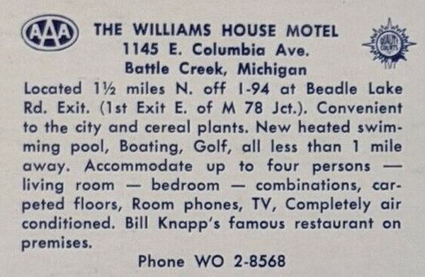 Williams House Motel - Vintage Postcard Back